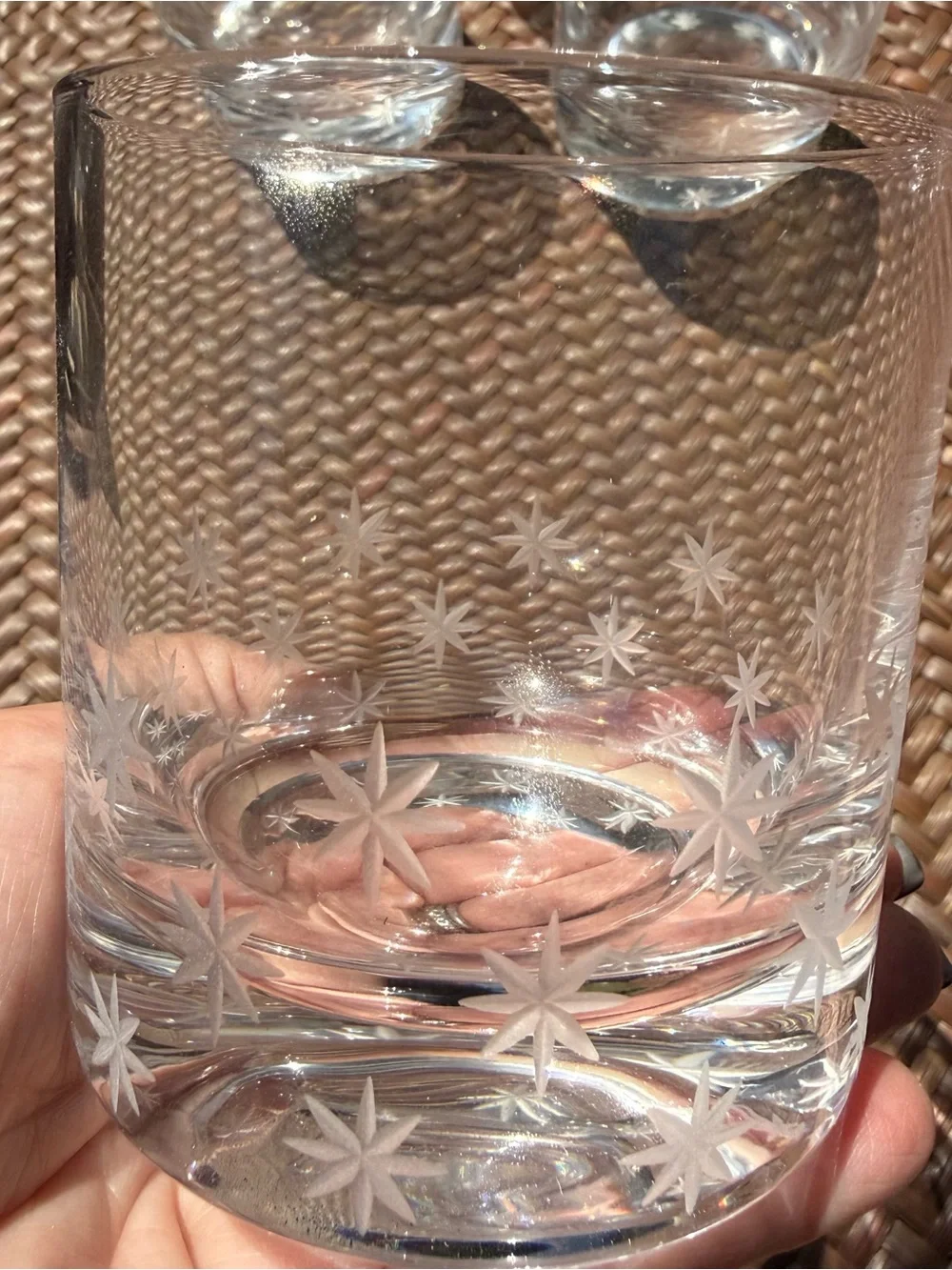 Crate & Barrel Double Old Fashioned Glasses Etched Starburst MCM Cocktail Set